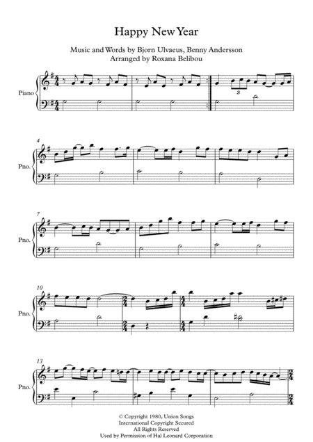 Free Sheet Music Happy New Year G Major By Abba Easy Piano