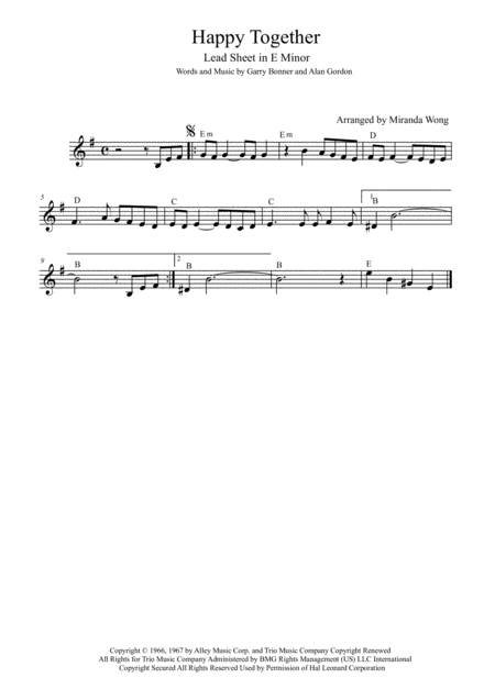 Free Sheet Music Happy Together Lead Sheet In E Minor With Chords