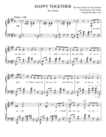 Free Sheet Music Happy Together The Turtles For Advanced Piano Solo