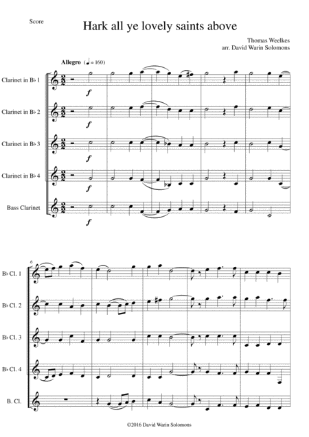 Free Sheet Music Hark All Ye Lovely Saints Above For Clarinet Quintet