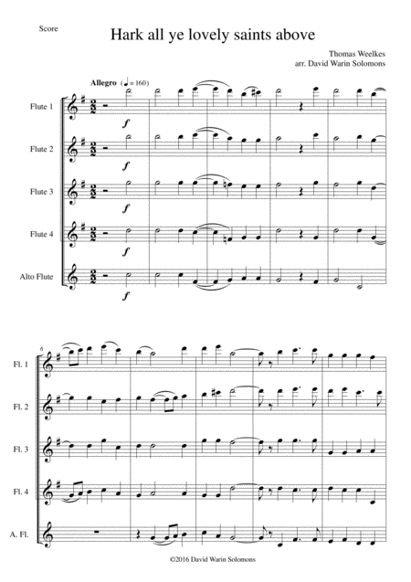 Hark All Ye Lovely Saints Above For Flute Quintet 4 Flutes And 1 Alto Flute Sheet Music