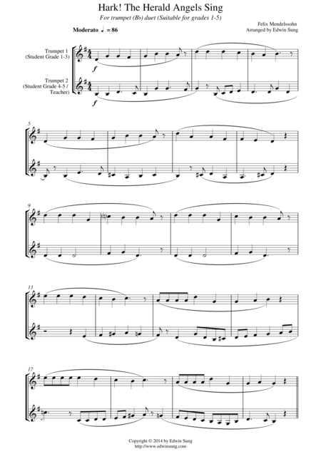 Hark The Herald Angels Sing For Trumpet Bb Duet Suitable For Grades 1 5 Sheet Music