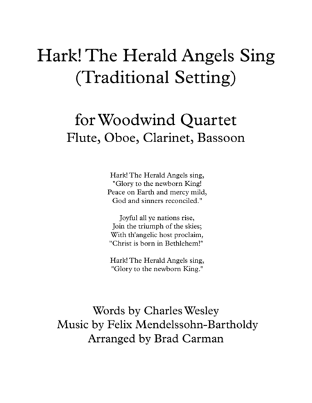 Hark The Herald Angels Sing For Woodwind Quartet Sheet Music