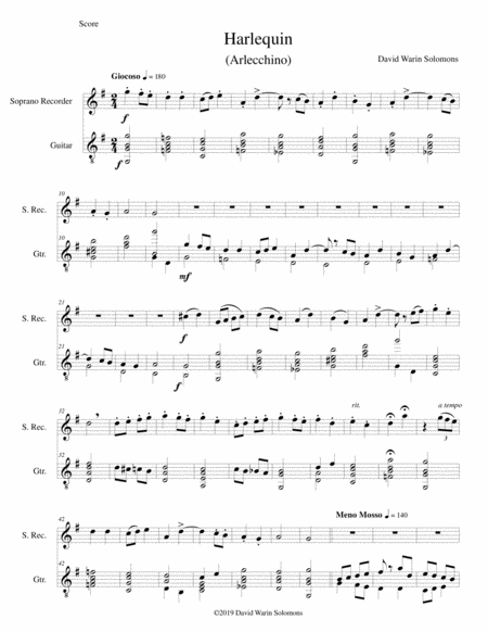 Free Sheet Music Harlequin For Soprano Recorder And Guitar