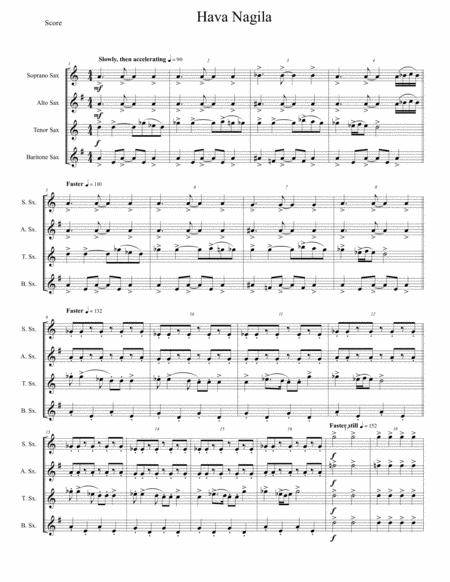 Free Sheet Music Hava Nagila For Saxophone Quartet Satb