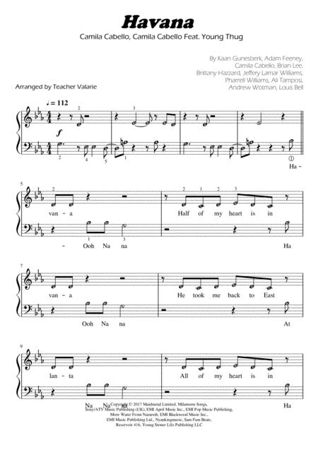 Havana Camilla Cabello Piano Solo For Beginners With Note Names Sheet Music