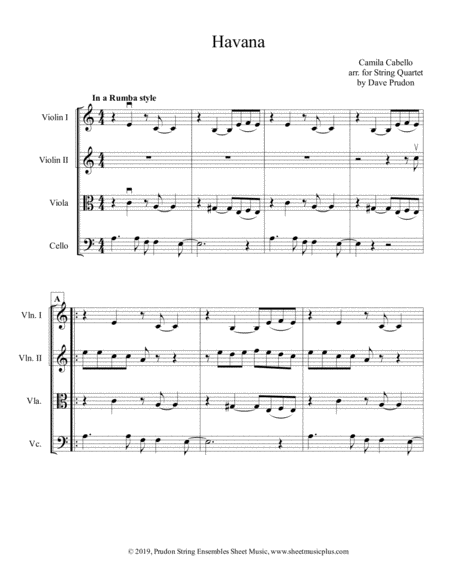 Free Sheet Music Havana For String Quartet