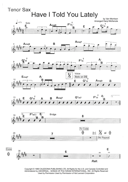 Have I Told You Lately Male Vocal With 5 Piece Band Key Of D Sheet Music