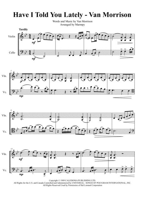 Have I Told You Lately Van Morrison Arranged For String Duet Sheet Music