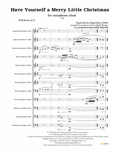 Free Sheet Music Have Yourself A Merry Little Christmas For Saxophone Choir Full Score Set Of Parts