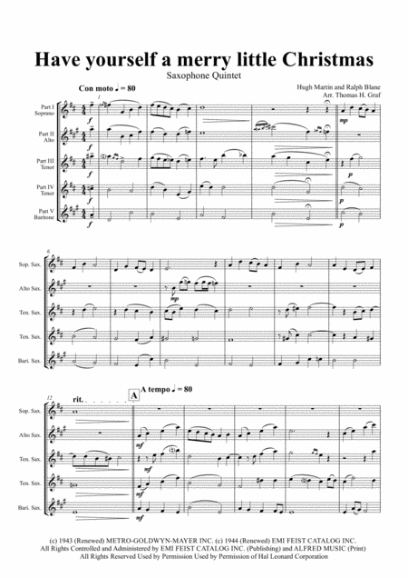 Free Sheet Music Have Yourself A Merry Little Christmas From Meet Me In St Louis Saxophone Quintet