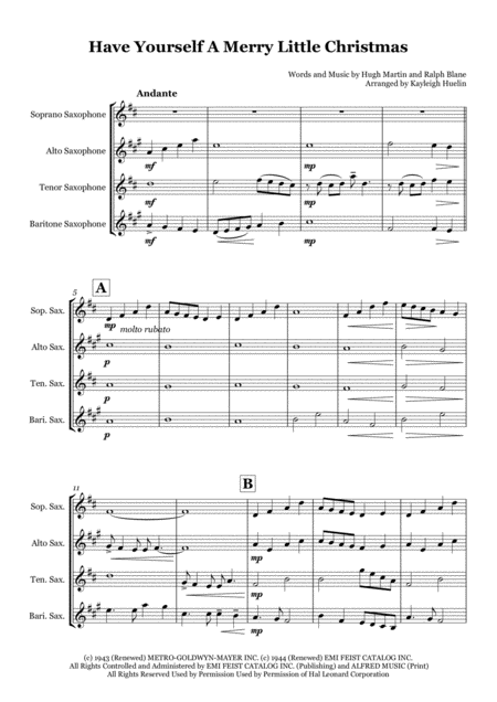 Free Sheet Music Have Yourself A Merry Little Christmas Saxophone Quartet Satb