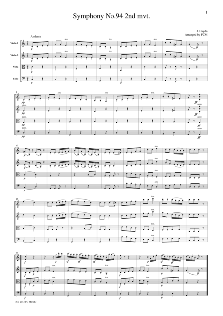 Haydn Symphony No 94 2nd Mvt For String Quartet Ch002 Sheet Music