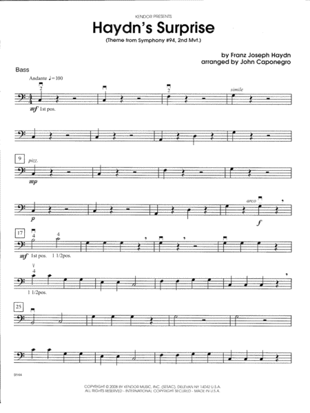 Haydns Surprise Theme From Symphony 94 2nd Mvt Bass Sheet Music