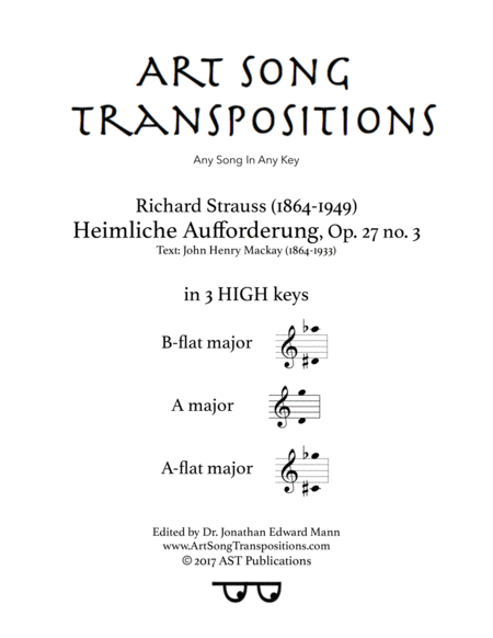 Heimliche Aufforderung Op 27 No 3 In 3 High Keys B Flat A A Flat Major Sheet Music