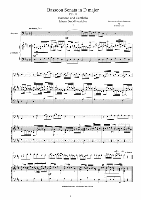 Heinichen Bassoon Sonata In D Major Cshj1 For Bassoon And Cembalo Or Piano Sheet Music