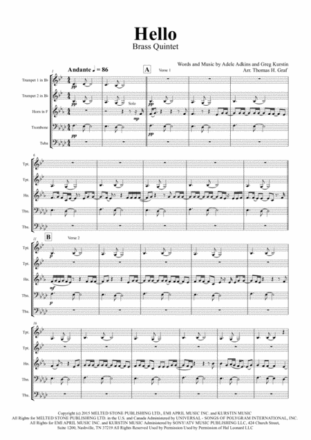 Hello Adele Brass Quintet Sheet Music