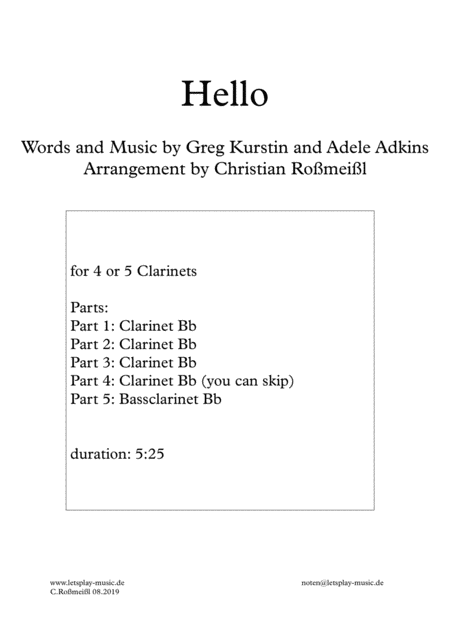 Free Sheet Music Hello Clarinettquartett Or Quintett