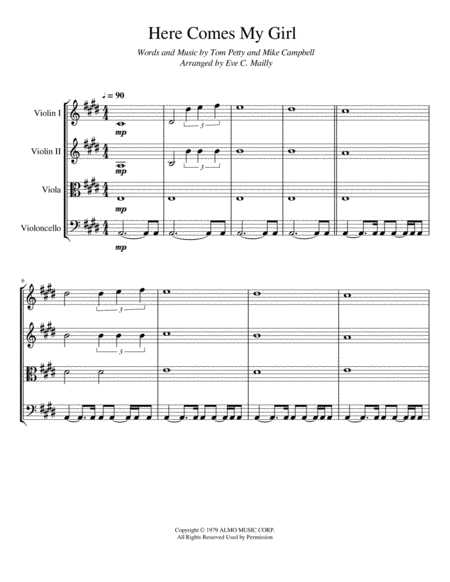 Here Comes My Girl Tom Petty String Quartet Sheet Music