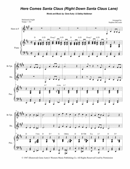 Free Sheet Music Here Comes Santa Claus Right Down Santa Claus Lane Duet For Bb Trumpet And French Horn