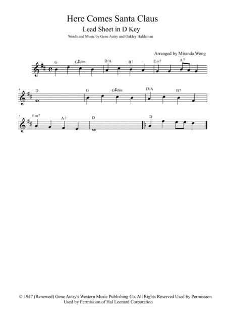 Here Comes Santa Claus Right Down Santa Claus Lane Lead Sheet In D Key With Chords Sheet Music