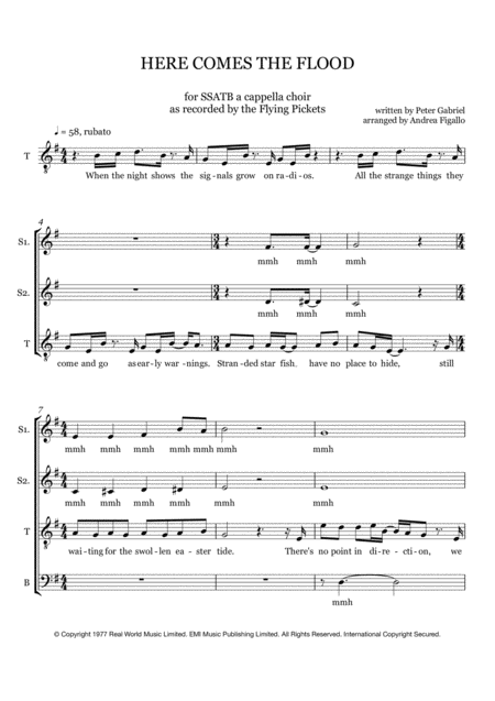 Free Sheet Music Here Comes The Flood Ssatb