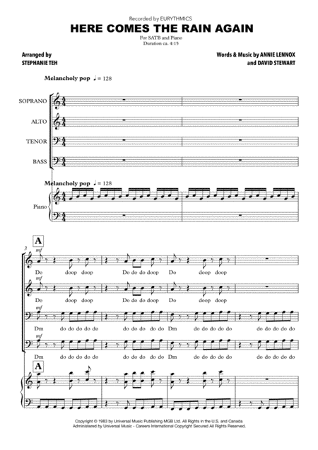 Free Sheet Music Here Comes The Rain Again Eurythmics Satb Choir Arr Stephanie Teh