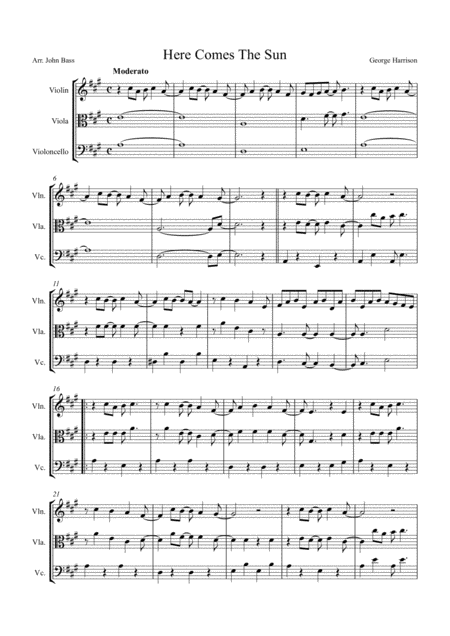 Here Comes The Sun By The Beatles Arranged For String Trio Violin Viola And Cello Sheet Music