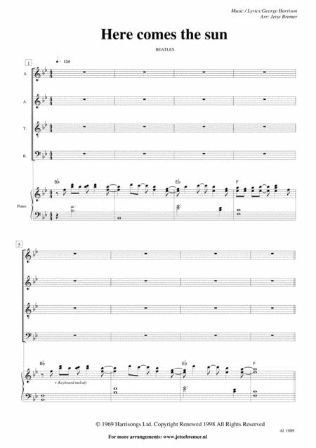 Here Comes The Sun Satb Piano Tenor Lead Sheet Music