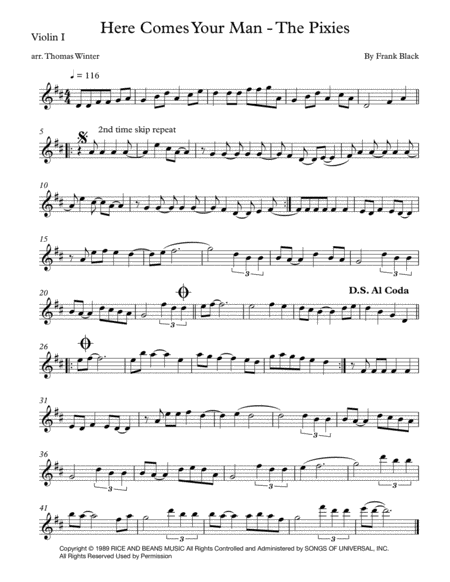 Here Comes Your Man String Quartet Trio Duo Or Solo Violin Sheet Music