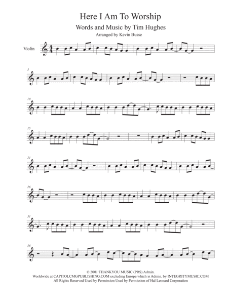 Here I Am To Worship Easy Key Of C Violin Sheet Music