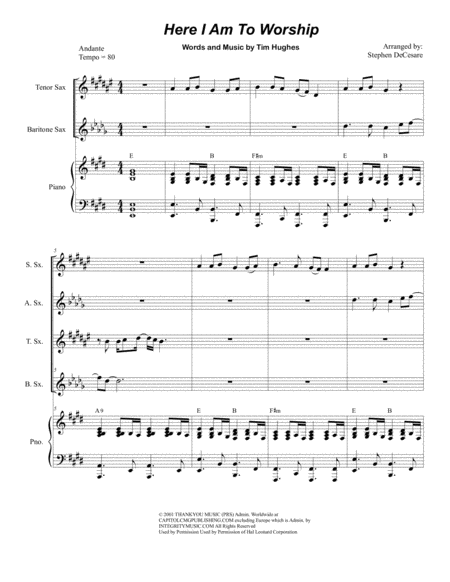 Free Sheet Music Here I Am To Worship For Saxophone Quartet