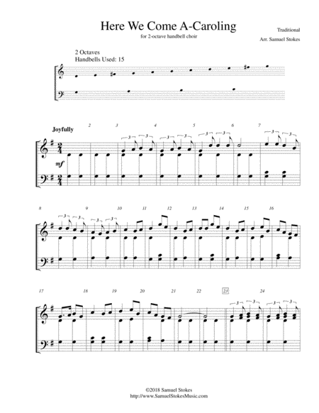 Here We Come A Caroling For 2 Octave Handbell Choir Sheet Music