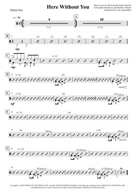 Here Without You Drum Set Transcription Of The Original Recording Sheet Music