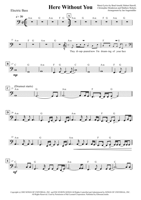 Here Without You E Bass Transcription Of The Original Recording Sheet Music