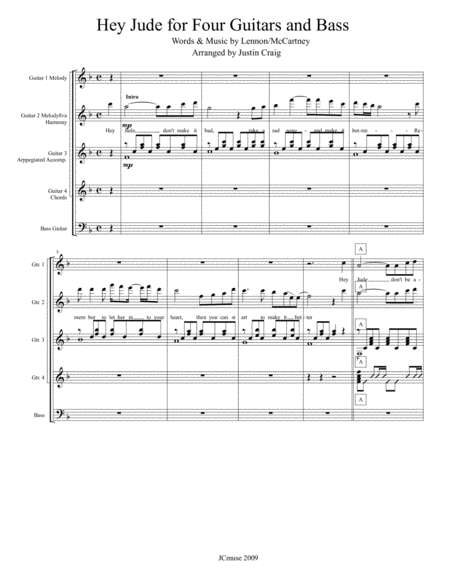 Hey Jude For Four Guitars Bass Score And Parts Sheet Music