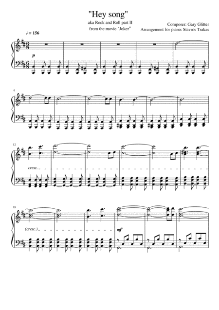 Free Sheet Music Hey Song Aka Rock And Roll Part 2 From The Movie Joker