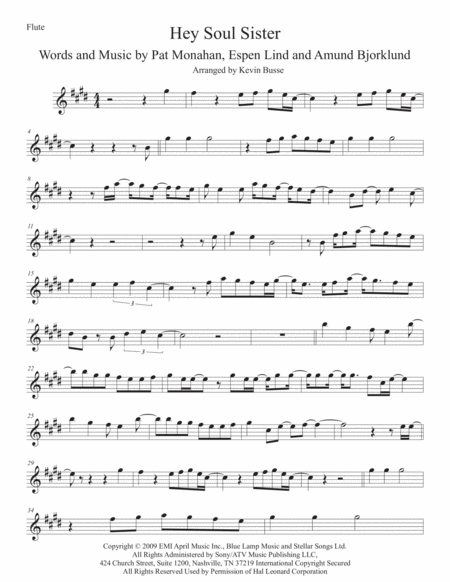 Hey Soul Sister Flute Original Key Sheet Music