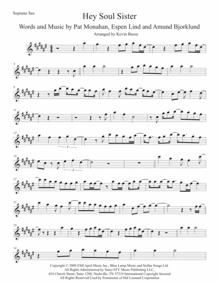 Hey Soul Sister Soprano Sax Original Key Sheet Music