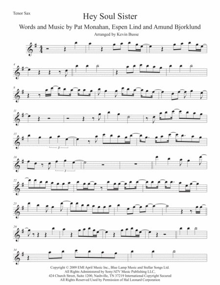 Hey Soul Sister Tenor Sax Sheet Music