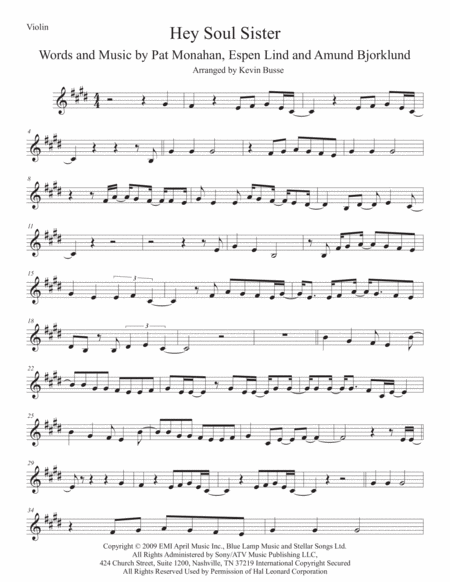 Hey Soul Sister Violin Original Key Sheet Music