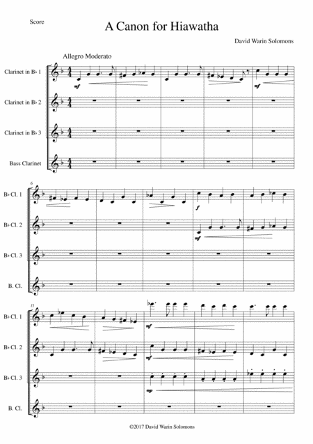 Hiawatha A Canon For Hiawatha For Clarinet Quartet 3 Clarinets 1 Bass Clarinet Sheet Music