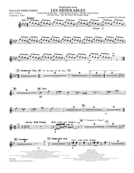 Highlights From Les Misrables Arr Johnnie Vinson Mallet Percussion Sheet Music