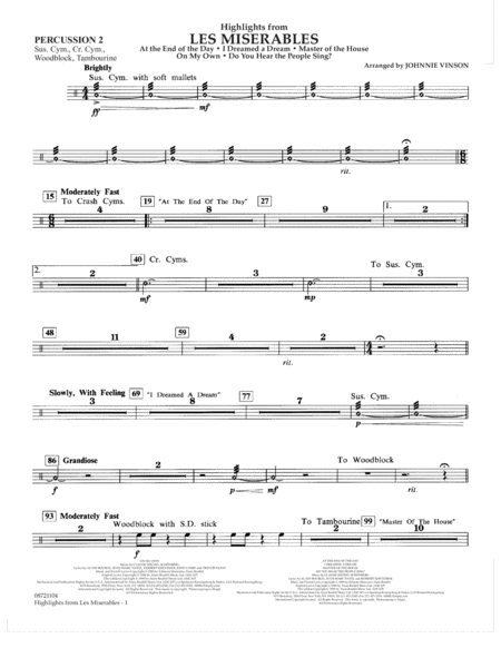 Free Sheet Music Highlights From Les Misrables Arr Johnnie Vinson Percussion 2