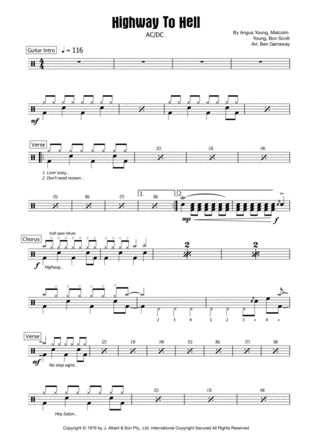 Highway To Hell Drum Score Sheet Music