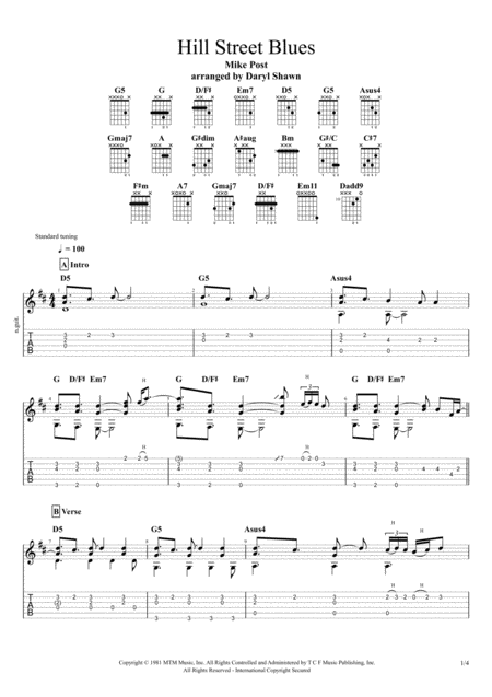 Free Sheet Music Hill Street Blues Theme For Solo Fingerstyle Guitar