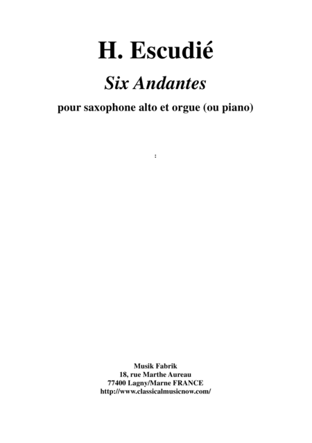 Hippolyte Escudi Six Andantes For Alto Saxophone And Organ Or Piano Sheet Music