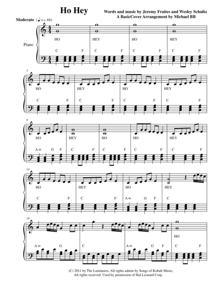 Ho Hey By The Lumineers A Basiccover Arrangement By Michael Bb Sheet Music