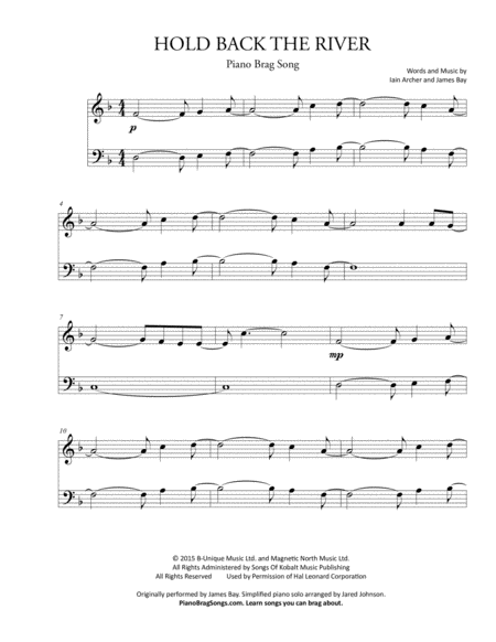 Hold Back The River Simplified Piano Solo James Bay Sheet Music