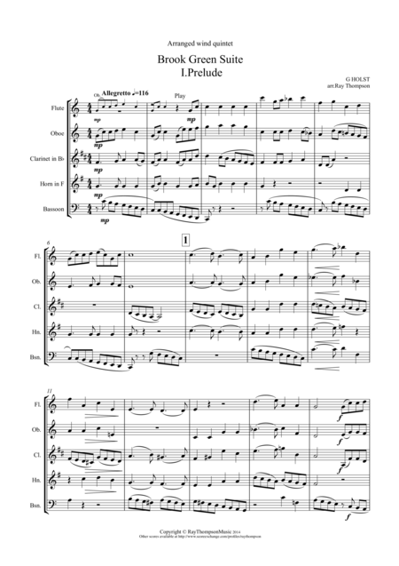 Holst Brook Green Suite Complete 3 Mvts I Prelude Ii Air Iii Dance Wind Quintet Sheet Music